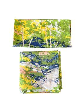 VTG Burlington Percale Forest Stream King Flat Sheet And Pillowcase Set of Two